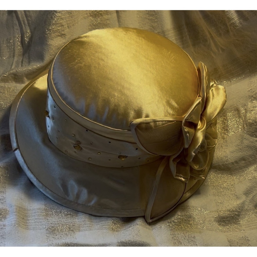 Ben Marc Church Derby Hat Silver Gold Satin Flower Rhinestone Wide Brim Formal